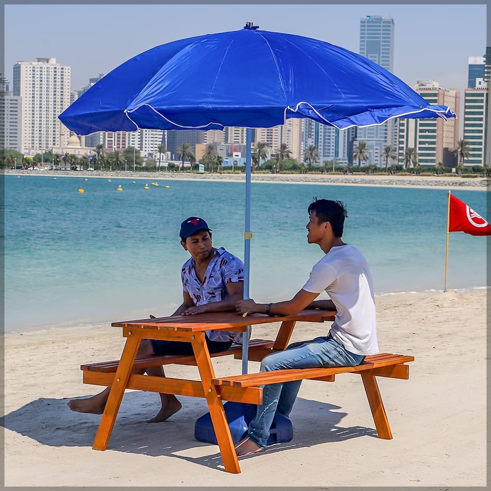 Yatai Outdoor Acacia Wood Table & Bench Set With Umbrella Hole, Kids Backyard Furniture A-shape frame Bench Outdoor Backyard Garden Furniture Picnic table