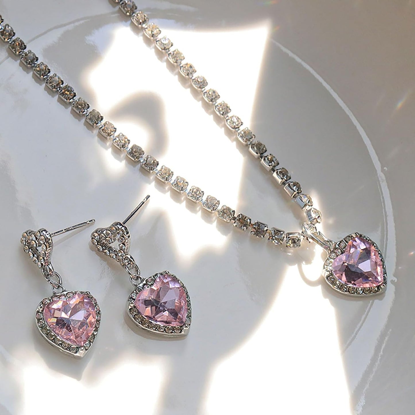 JAVARNV Heart Necklace Earrings Set for Valentine's Day Pink Rhinestone Necklace Earrings Jewelry Set Heart Crystal Pendant Necklace Gifts