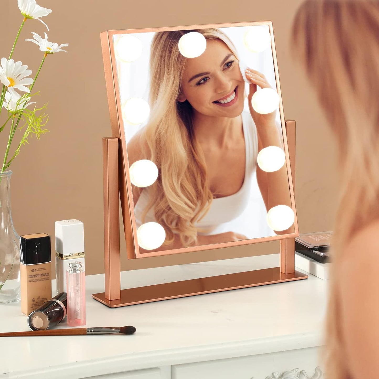 BWLLNI Lighted Makeup Mirror Hollywood Mirror Vanity Mirror with Lights, Touch Control Design 3 Colors Dimable LED Bulbs, Detachable 10X Magnification, 360°Rotation, White.