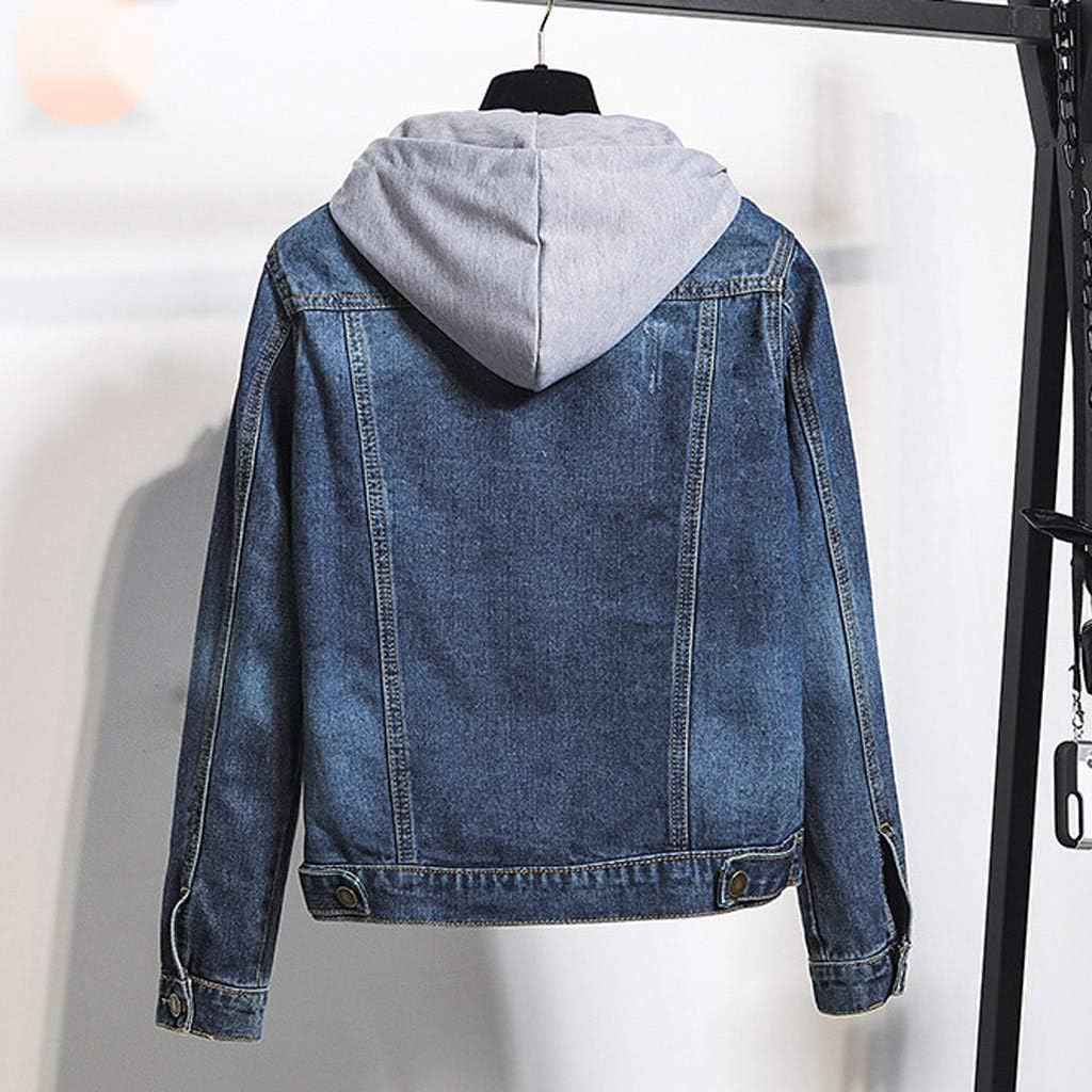 Women Denim Hoodies Coat, Ladies Solid Long Sleeve Button Pocket Jacket Outwear