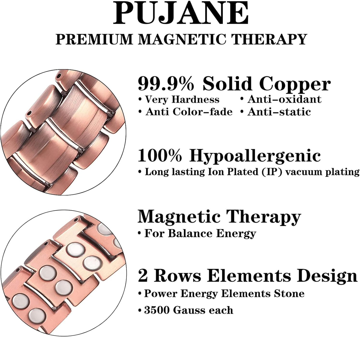 PUJANE Mens Magnetic Bracelet, 99.99% Solid Copper Double Row 46 Piece Magnets Energy Bracelets, Ultra Strength 3500 Gauss Magnetic Jewelry Gift with Adjustment Tool (Black)