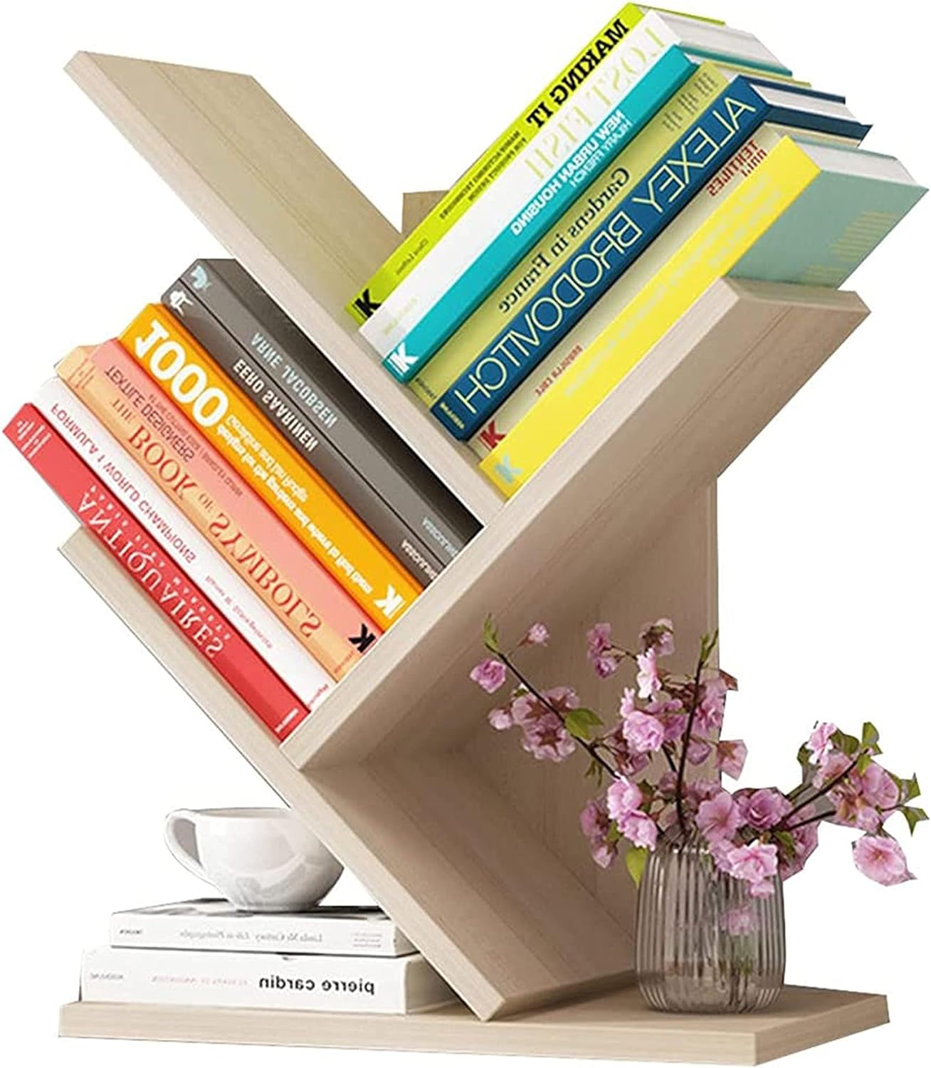 U-HOOME 8-Shelf Bookshelf Tree Bookcase Wood Bookshelves Storage Rack MDF Tree Book Shelf Display Organizer for Books,Magazines,CDs and Photo Album Holds Up to 5kgs Per Shelf ，White