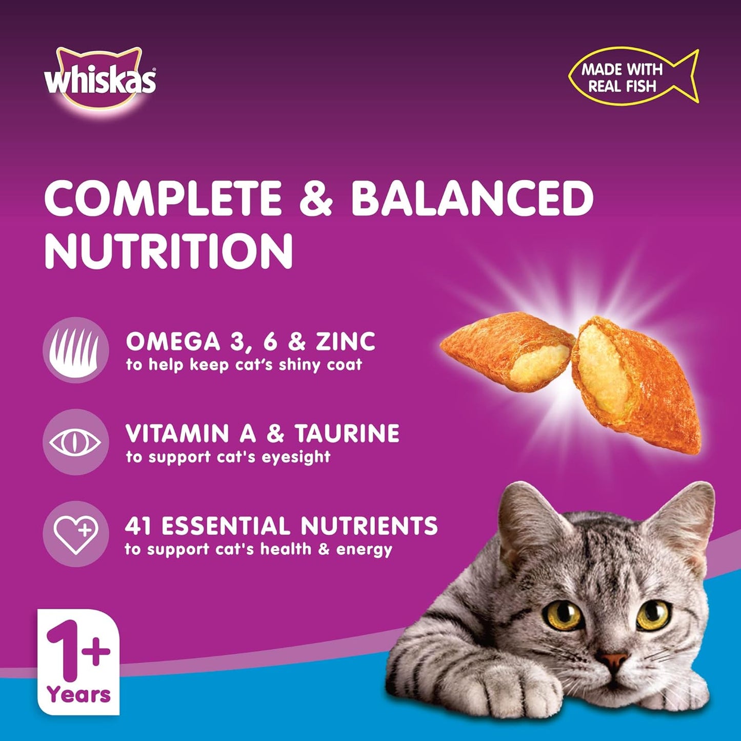 Whiskas Ocean Fish Dry Food, for Adult Cats 1+ Years, Formulated to Help Cats Maintain a Healthy Digestive Tract and Sustain a Healthy Weight, Complete Nutrition & Great Taste, Case of 15x480g