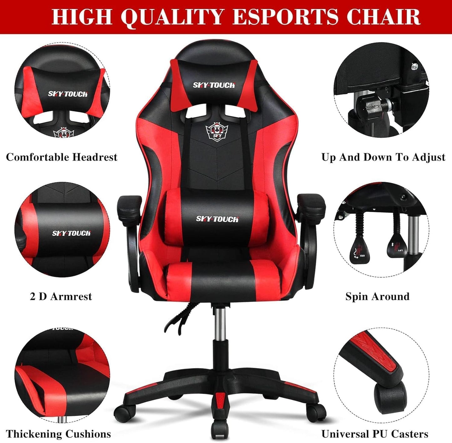 SKY-TOUCH Gaming Chair，Adjustable Computer Chair Pc Office Pu Leather High Back, Ergonomic design Lumbar Support,Comfortable Armrest Headrest，Red