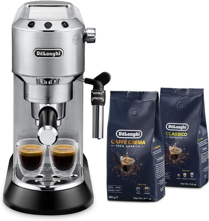 De'Longhi Dedica Pump Espresso Manual Coffee Machine with FREE Electric Coffee Grinder | Cappuccino, Latte, Milk Frother | Stainless Steel Grinding Blade With 12 Settings | EC685.M+KG79 (Metal)