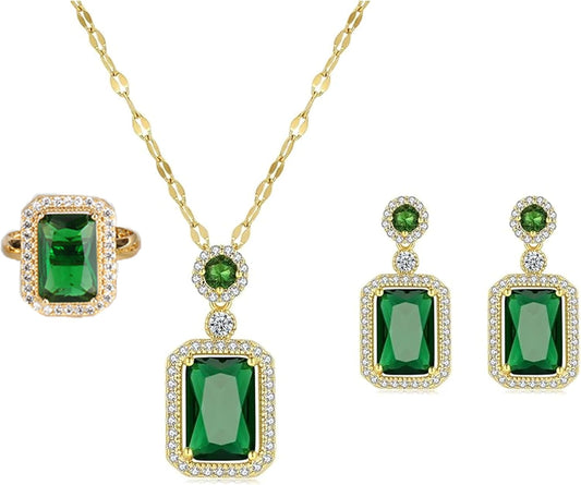 4 Pcs-Women's Fashion Earing,Ring & Necklace Gift Set,Women Jewelry Set, Rhinestone Zircon Emerald Pendant Necklaces Ring & Earrings Set (Square Green 4 Pcs set Jewelry)