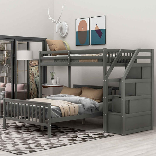 ATY Full Bunk Bed with Storage, Wooden Twin Over Size with Stairs, Can be Separated into 2 Beds, for Kids, Teens (Grey)