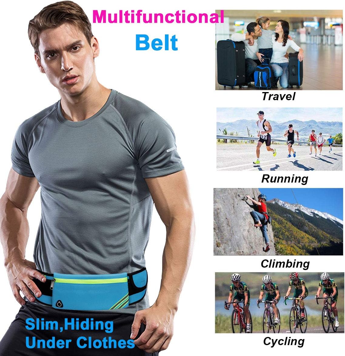 AIKENDO Running Pouch Belt Waist Pack Bag,Workout Fanny Pack,Bounce Free Jogging Pocket Belt–Travelling Money Cell Phone Holder for Running Accessories, Blue, One Size