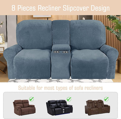 CULOTOL 8-Piece Velvet Stretch Loveseat Reclining Sofa Covers, Reclining Love Seat with Middle Console Slipcover, 2 seat Love Seat Recliner Cover, Thick, Soft, Washable (Black)