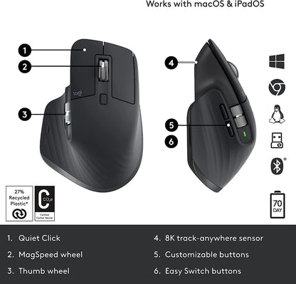 Logitech MX Master 3S - Wireless Performance Mouse with Ultra-fast Scrolling, Ergo, 8K DPI, Track on Glass, Quiet Clicks, USB-C, Bluetooth, Windows, Linux, Chrome - Graphite