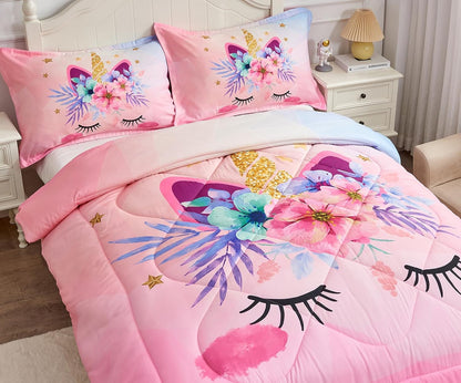 KINBEDY 4 Piece Unicorn Toddler Bedding Sets for Girls Pink Floral Cartoon Bed Sheets Toddler Bed Comforter Set for Baby Girls Bedroom Set | Include Comforter, Flat Sheet, Fitted Sheet, Pillowcase