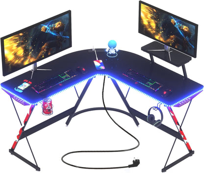 JINQI L-Shaped Computer Table,Gaming Desk With Led Lights & Power Outlets, Computer Desk with Monitor Stand & Carbon Fiber Surface, With Cup Holder Corner Desk, With Earphone Hooks Gaming Table