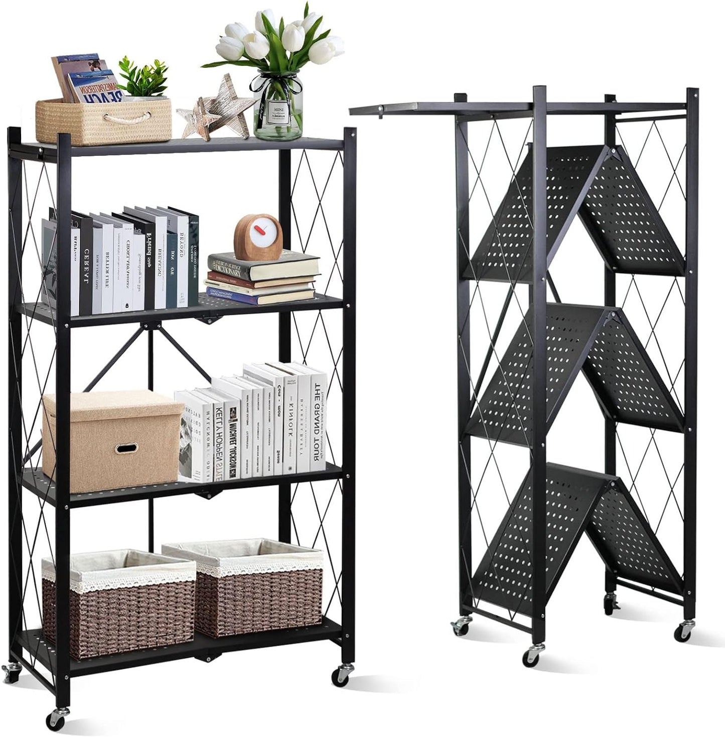 SKY-TOUCH Foldable Storage Organizer 5 Tier, Storage Shelves Kitchen Cabinet Storage Rack, Shelf Storage Multipurpose Rack for Living Room Bedroom Kitchen Garage Black 35x72x160.5cm