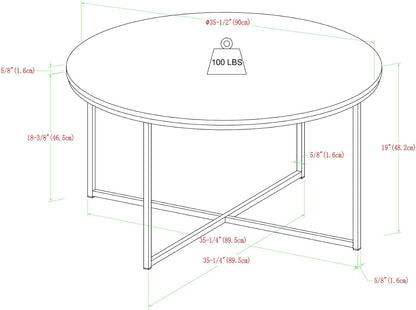 Eden Bridge Designs 91cm Round Mid Century Modern Coffee Table with X-Base for Living Room/Office decoration, Metal, Glass/Gold/Faux Marble