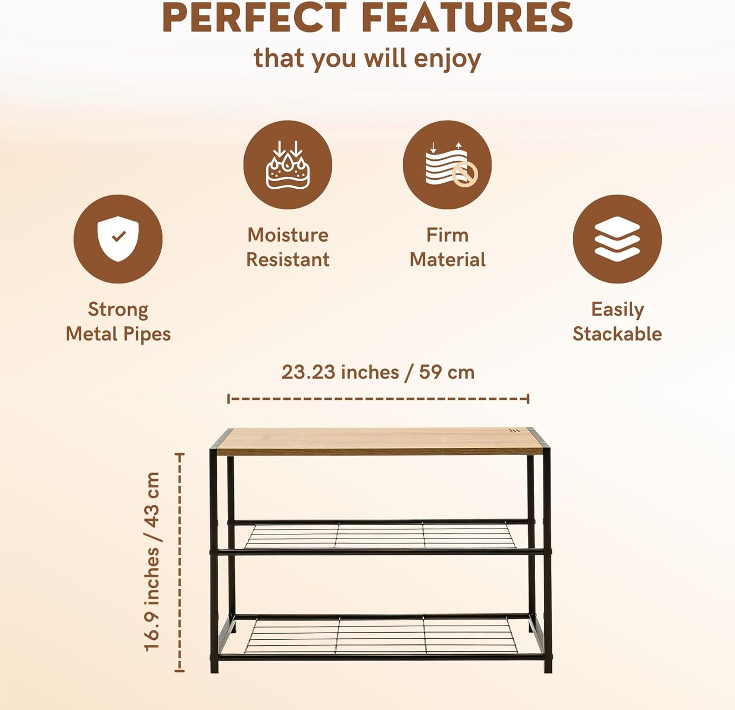 JHeart 3-Tier Shoe Rack Organizer, Compact Shoe Storage for Entryway, Iron Shoe Shelf with 2 Metal Mesh Shelves and Polished Wood Uppermost Rack, Space-Saving Design for Home Dorm Closet (59x30x43cm)