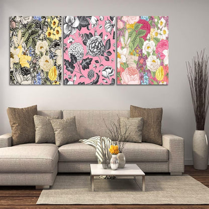 UNBRUVO Modern Flower Canvas Poster Prints Abstract Floral Wall Art Painting Pictures Office Home Decor 3 Pieces Framed Art Print Decoration Artwork for Living Room Bedroom(36”Wx16”H)