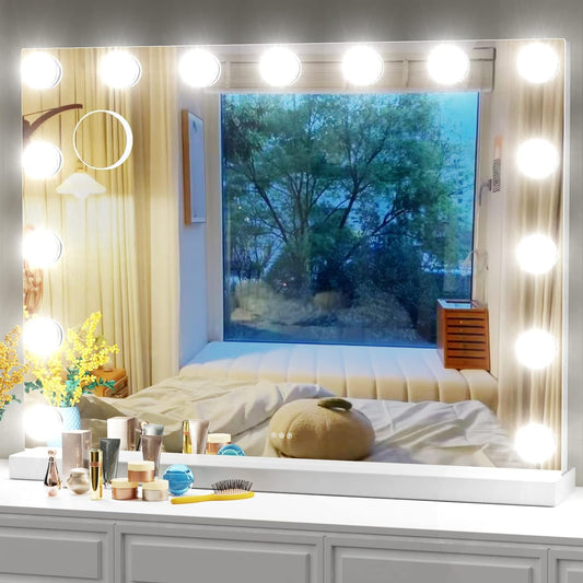 Gvnkvn 32"X24" Large Vanity Makeup Mirror with Lights Lighted Hollywood Mirror with Dimmable Bulbs, 3 Color Light Settings, Smart Touch Screen, Big Smart Bedroom Makeup Mirror for Tabletop