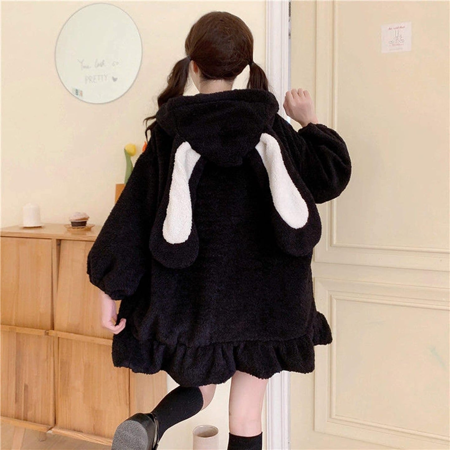 Women Cute Bunny Ear Long Sleeve Fuzzy Fluffy Rabbit Tops Sweatshirt Hoodie Jacket Coats