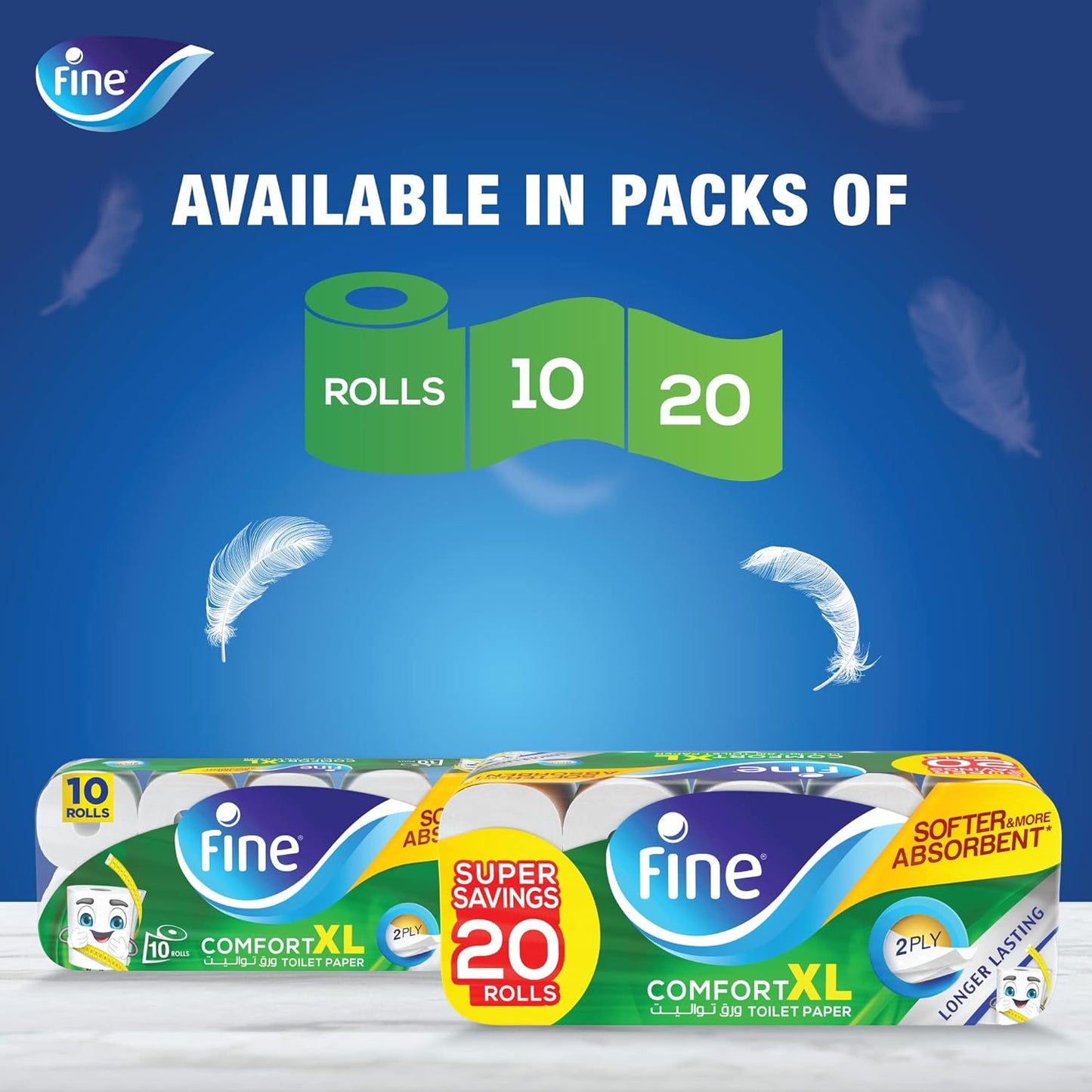 Fine Comfort XL Toilet Paper 2 Ply, 20 Rolls x 250 Sheets, Longer Lasting Absorbent Toilet Roll, Premium Silky Feel Softness Bathroom Tissue Sterilized for Germ Protection, 2 Ply Tissue Thickness