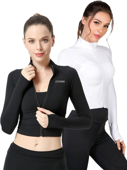 LESS DRAMA Women’s Cropped Jacket Fitness Yoga Sports Workout Top with Thumb Holes