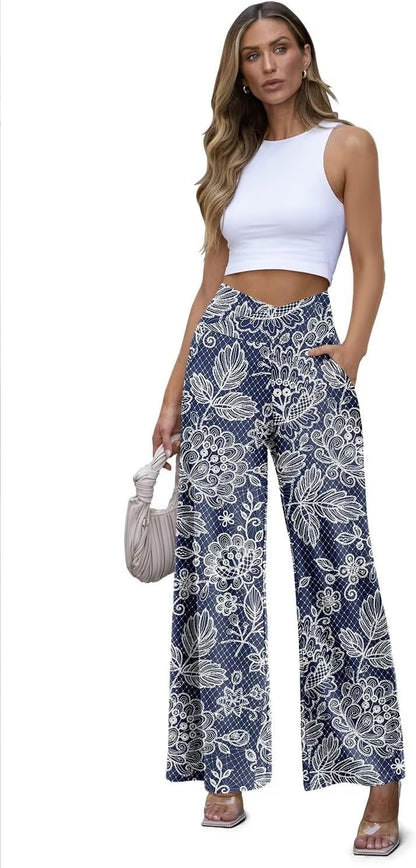 JZC Women's Wide Leg Casual Pants Cross Waist Palazzo Lounge Pajama Flowy Pants Yoga Sweatpants with Pockets