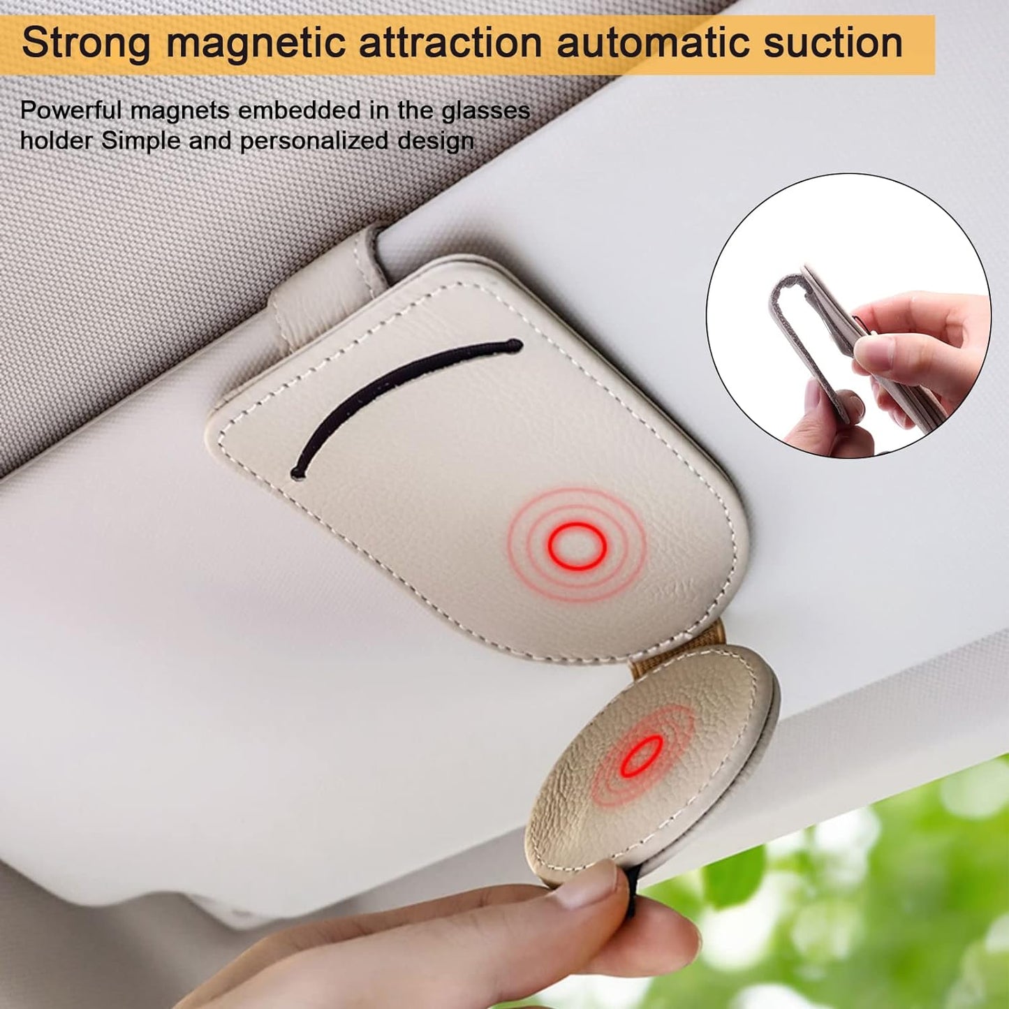 Sunglasses Holder for Car Sun Visor - 2 PCS Car Glasses Holder with Card Clip, Magnetic Leather Eyeglass Hanger Universal Car Visor Accessories Magnetic Glasses Mount Holder(Beige)…