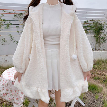 Women Cute Bunny Ear Long Sleeve Fuzzy Fluffy Rabbit Tops Sweatshirt Hoodie Jacket Coats