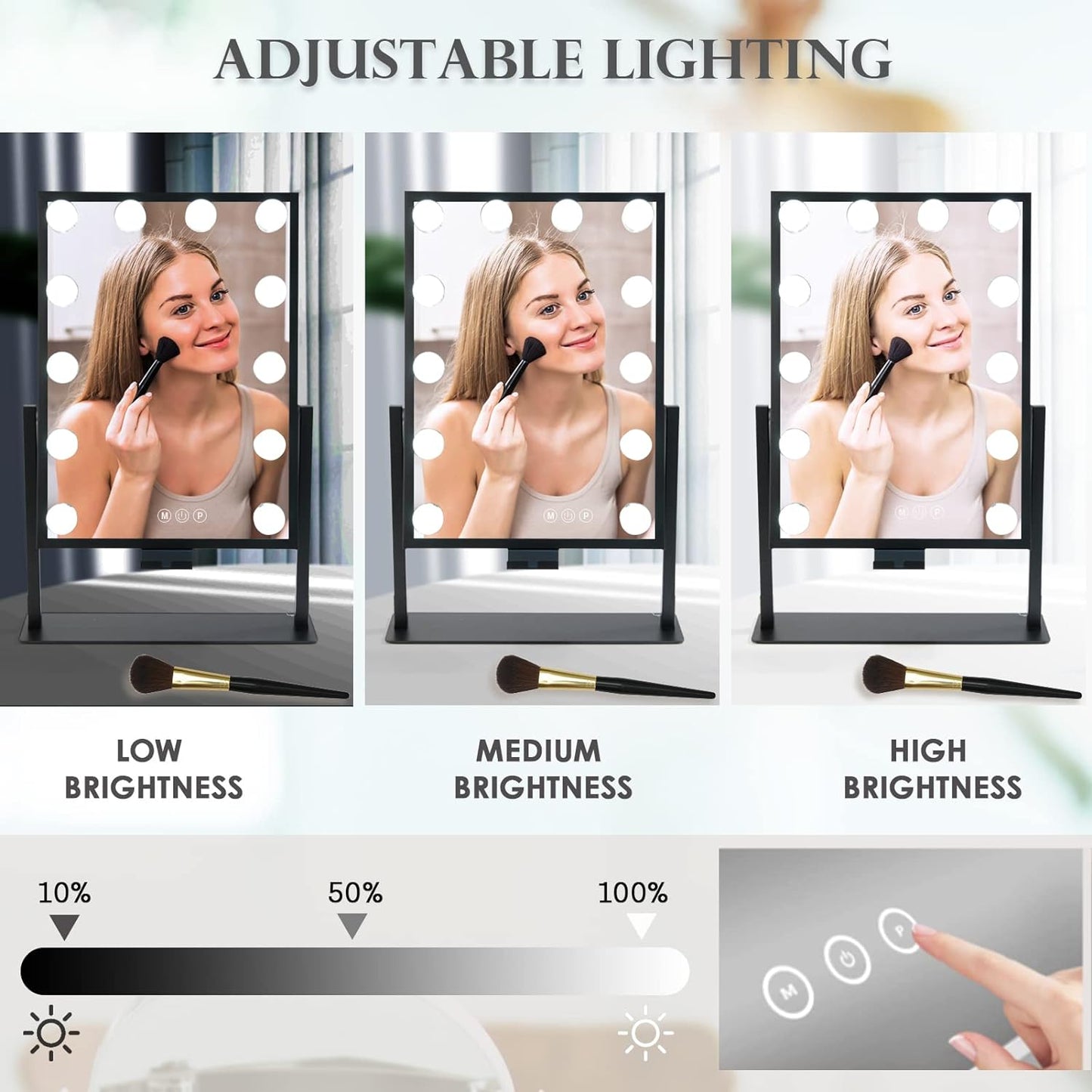 BWLLNI Lighted Makeup Mirror Hollywood Mirror Vanity Mirror with Lights, Touch Control Design 3 Colors Dimable LED Bulbs, Detachable 10X Magnification, 360°Rotation, White.