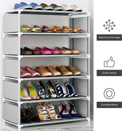 FLOEZY 6-Layer Shoe Rack Organizer, Standing Shoe Racks, Metal Stackable Shoe Shelf Storage, Space-Saving Expandable & Adjustable Shoe Tower for Home, Room, Hallway, Closet & More (Grey)