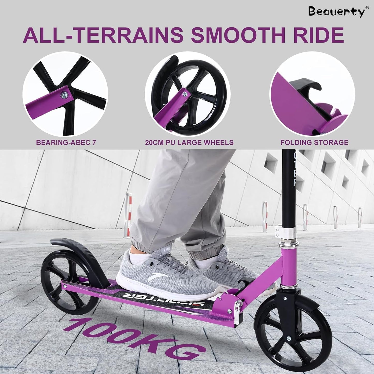 Beauenty Kick Scooter for Kids, Teens, Adult Riders Up to 150KG, 2-Wheel Scooter Foldable to Carry