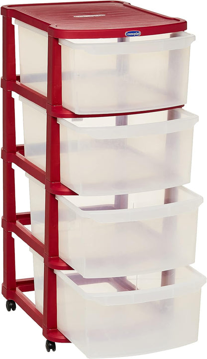 Cosmoplast 3 Tiers Multipurpose Storage Cabinet With Wheels, Dark Red With Translucent Drawers