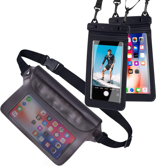 2 Pcs Universal Waterproof Phone Pouch and Fanny Pack Set [IPX8&IPX65]for iPhone, Waterproof Pouch and Mobile Bag for Outdoor Sports, Beach, Camping, Hiking, Snorkeling, Stand up paddleboard & Jet Ski