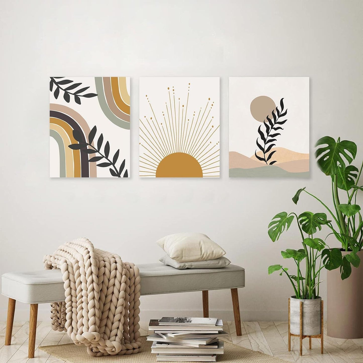 KBKBART Sage Green Boho Wall Art Set of 3, Minimalist Framed Geometric Line Leaf Sun Moon Beige Canvas Artwork Paintings, Abstract Botanical Room Decor, Posters & Prints