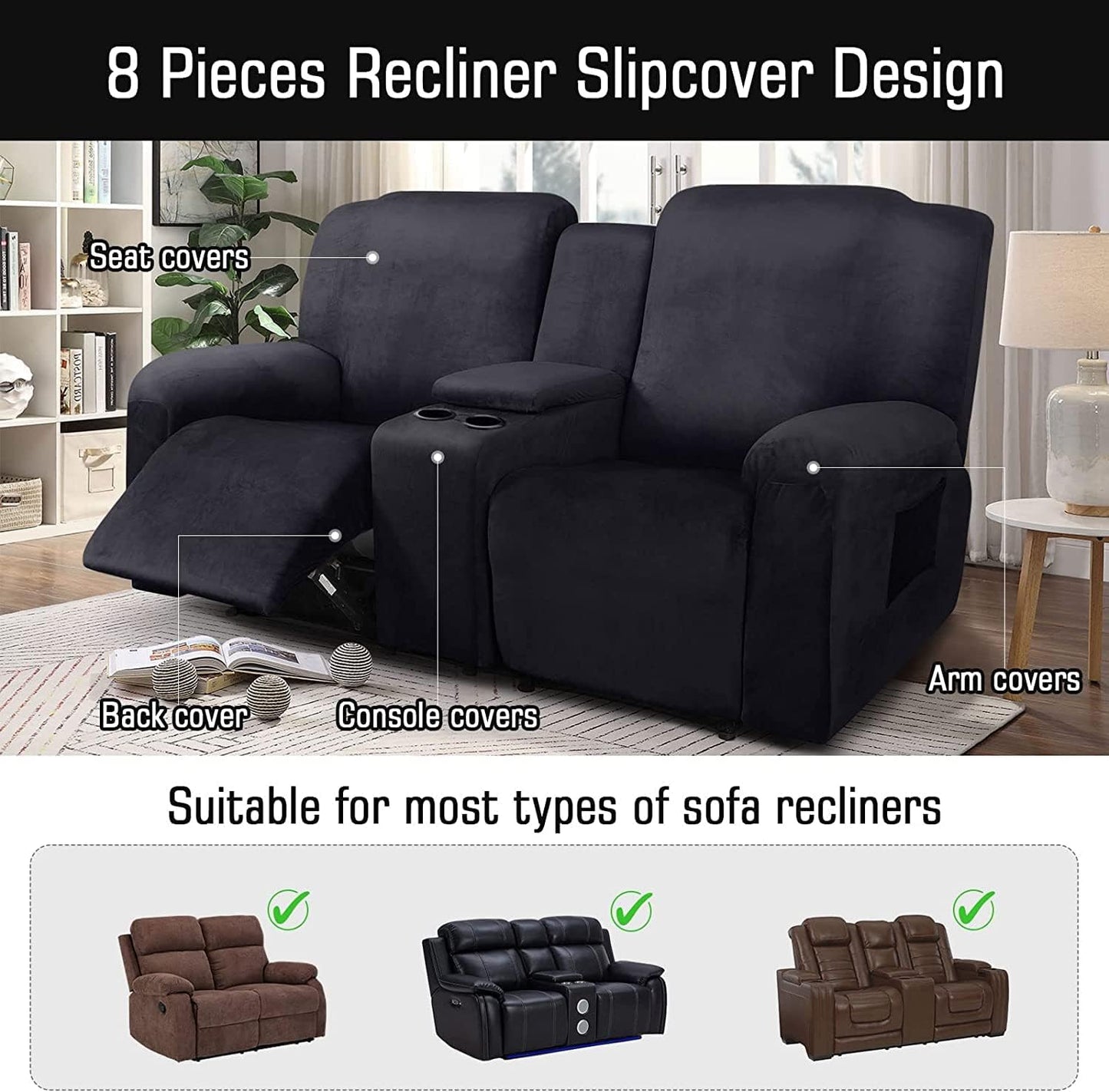 CULOTOL 8-Piece Velvet Stretch Loveseat Reclining Sofa Covers, Reclining Love Seat with Middle Console Slipcover, 2 seat Love Seat Recliner Cover, Thick, Soft, Washable (Black)