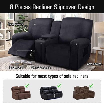 CULOTOL 8-Piece Velvet Stretch Loveseat Reclining Sofa Covers, Reclining Love Seat with Middle Console Slipcover, 2 seat Love Seat Recliner Cover, Thick, Soft, Washable (Black)