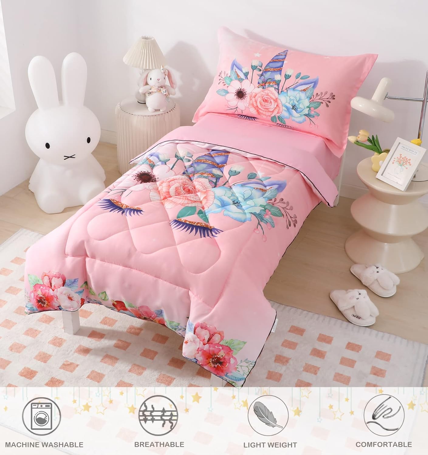 KINBEDY 4 Piece Unicorn Toddler Bedding Sets for Girls Pink Floral Cartoon Bed Sheets Toddler Bed Comforter Set for Baby Girls Bedroom Set | Include Comforter, Flat Sheet, Fitted Sheet, Pillowcase