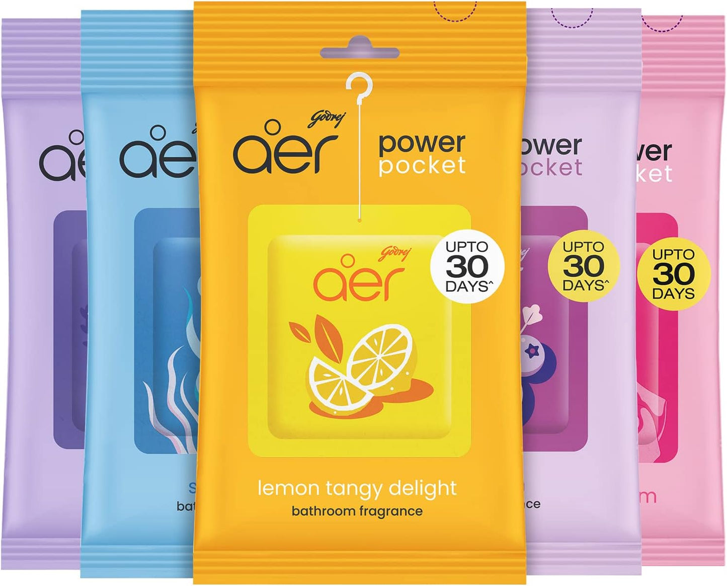 Godrej aer Power Pocket Air Freshener- Bathroom And Toilet Lasts Up To 30 Days Assorted Pack Of 5 (50G), Multicolour, 40017848