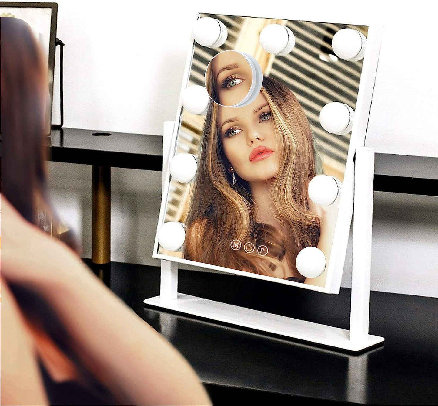 BWLLNI Lighted Makeup Mirror Hollywood Mirror Vanity Mirror with Lights, Touch Control Design 3 Colors Dimable LED Bulbs, Detachable 10X Magnification, 360°Rotation, White.