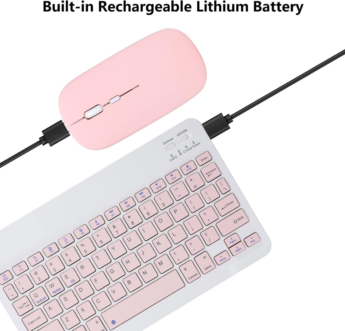 Rechargeable Bluetooth Keyboard and Mouse Combo Ultra-Slim Portable Compact Wireless Mouse Keyboard Set for Android Windows Tablet Cell Phone iPhone iPad Pro Air Mini, iPad OS/iOS 13 and Above (Pink)