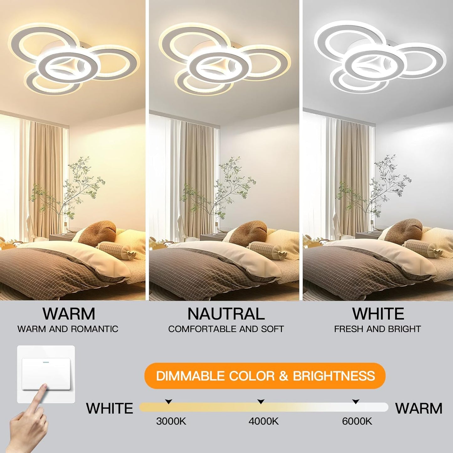 YATAI Modern LED Ceiling Light, White 3 Rings Flush Mount Ceiling Light,3-Colors Dimming Lighting Fixture Ceiling Lamp for Kitchen, Bedroom, Living Room, Laundry Room