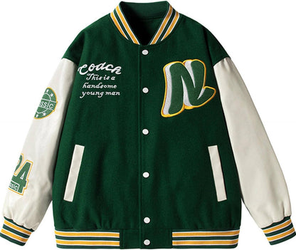 Men Woman Varsity Jacket PU Leather Sleeve American Retro Spring Baseball Uniform Jacket