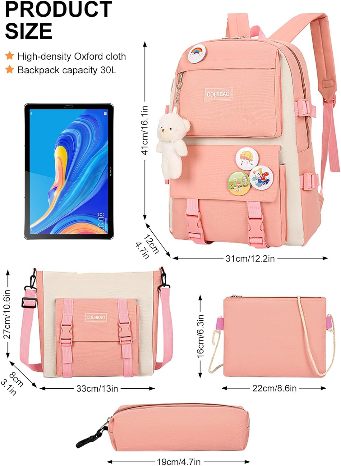 kids bags Toddler Backpack School Bags For Girls, 4Pcs Cute Backpack Set with Pendant Lunch Bag, Pencil Case, Handbag, Coin Purse for Teen Girls School Backpack (Pink)