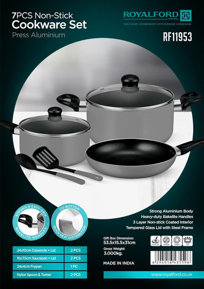 Royalford 7-Piece Non-Stick Press Aluminum Cookware Set- Body With 3-Layer Coating, Includes Casserole Silver RF11953\