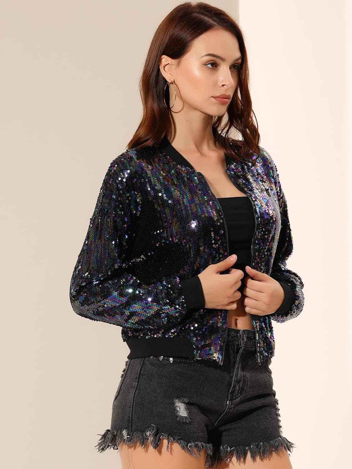 Allegra K Women's Halloween Sequin Sparkle Long Sleeve Zipper Bomber Jacket