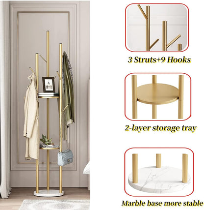 Standing Metal Coat Rack, Free Standing Clothes Rack with Natural Marble Base, Entryway Coats Hanger Stand with Hooks, Metal Clothes Garment Rack for Clothes, Hat & Scarf