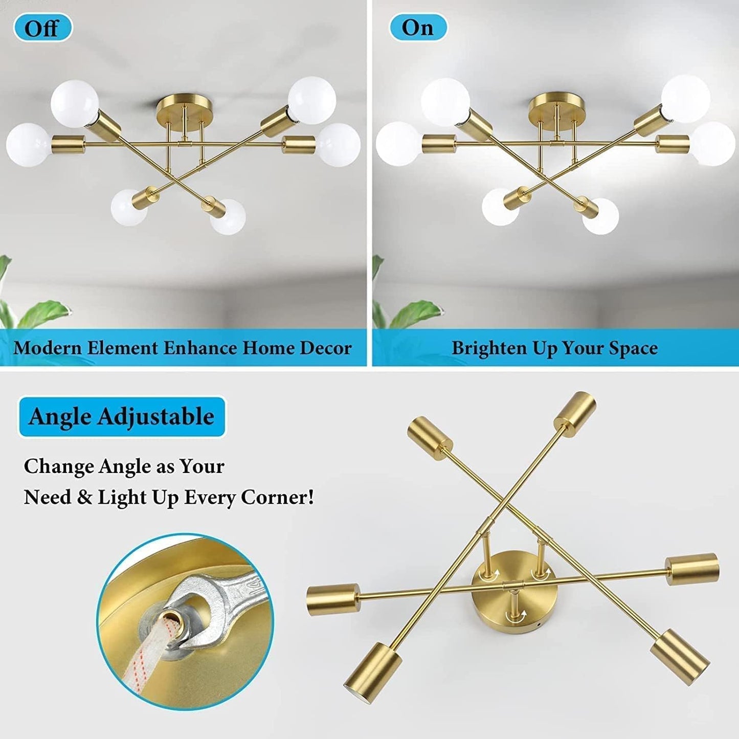 HUA QIANG WANG Modern Gold Sputnik Chandeliers,6-Light Ceiling Lights for Living Room Dining Room Bedroom Kitchen Island