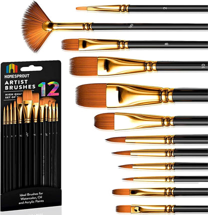 Paint Brush Set of 12 - Acrylic Paint Brushes for Acrylic Oil Watercolor, Facial Nail Art, and Rock Painting Artist Paintbrush Kit for Canvas, Gouache, and Fabric Paint Brushes Kit for Kids, Adults.