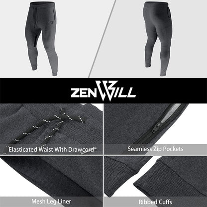 ZENWILL Mens Tapered Workout Track Pants, Slim Fit Gym Jogger Sweatpants, Casual Athletic Trousers with Zip Pockets