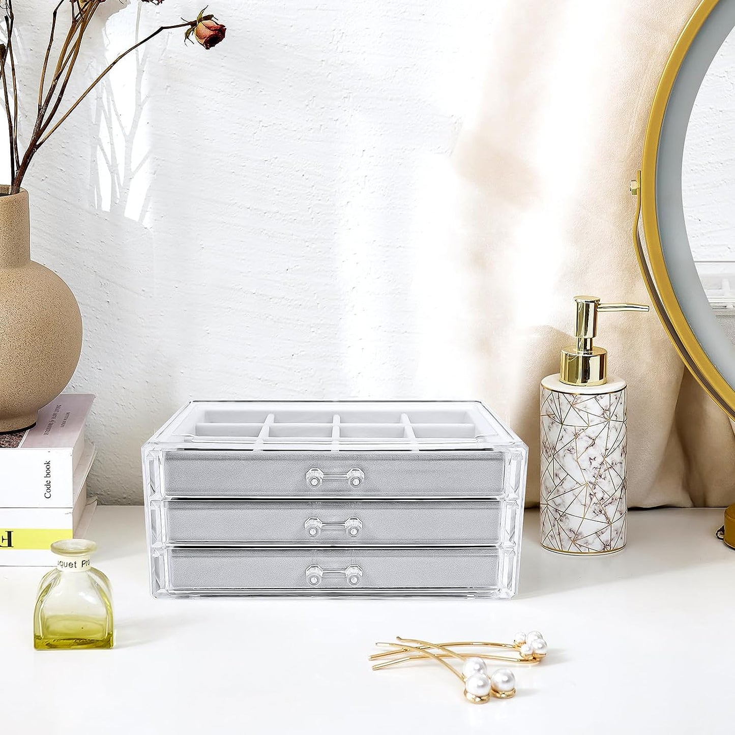 ProCase Earring Organizer Jewelry Organizer Box with 3 Drawers, Acrylic Stackable Jewelry Holder Clear Earring Storage Case with Adjustable Velvet Trays for Women on Dresser Vanity -Grey, 3 Layers