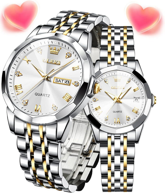 OLEVS Valentine's Day His and Her Couple Watches Fashion Dresse Matching Watches Quartz Stainless Steel Luminous Waterproof Wrist Watch